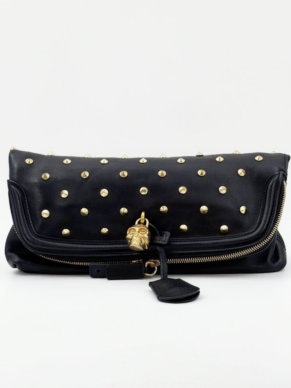 Alexander McQueen Black Leather Studded Skull Clutch Bag Gold Hardware